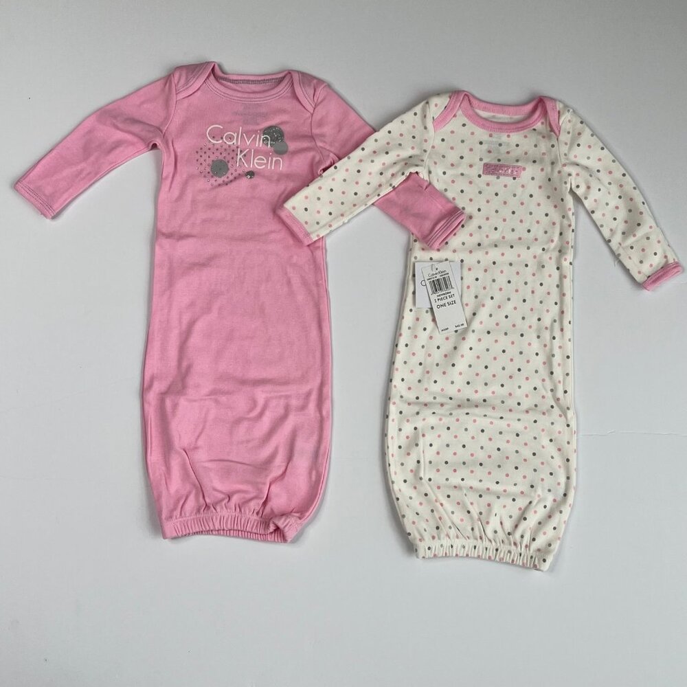 Calvin Klein Newborn 2 Piece Set Gown Sleepwear Pink & Polka Dot Cotton